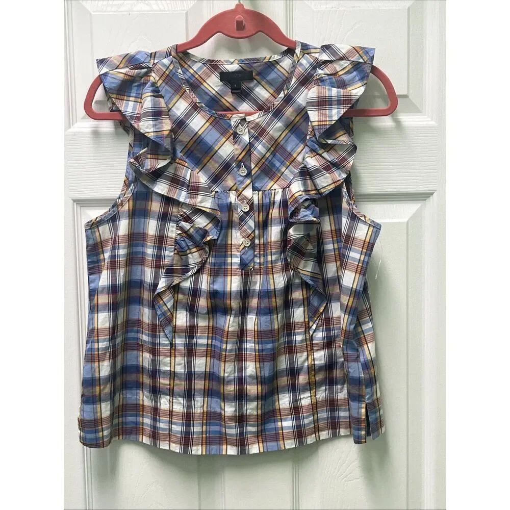 J. Crew Multi-Color Plaid Sleeveless Pullover Button Cotton Top- Size 6